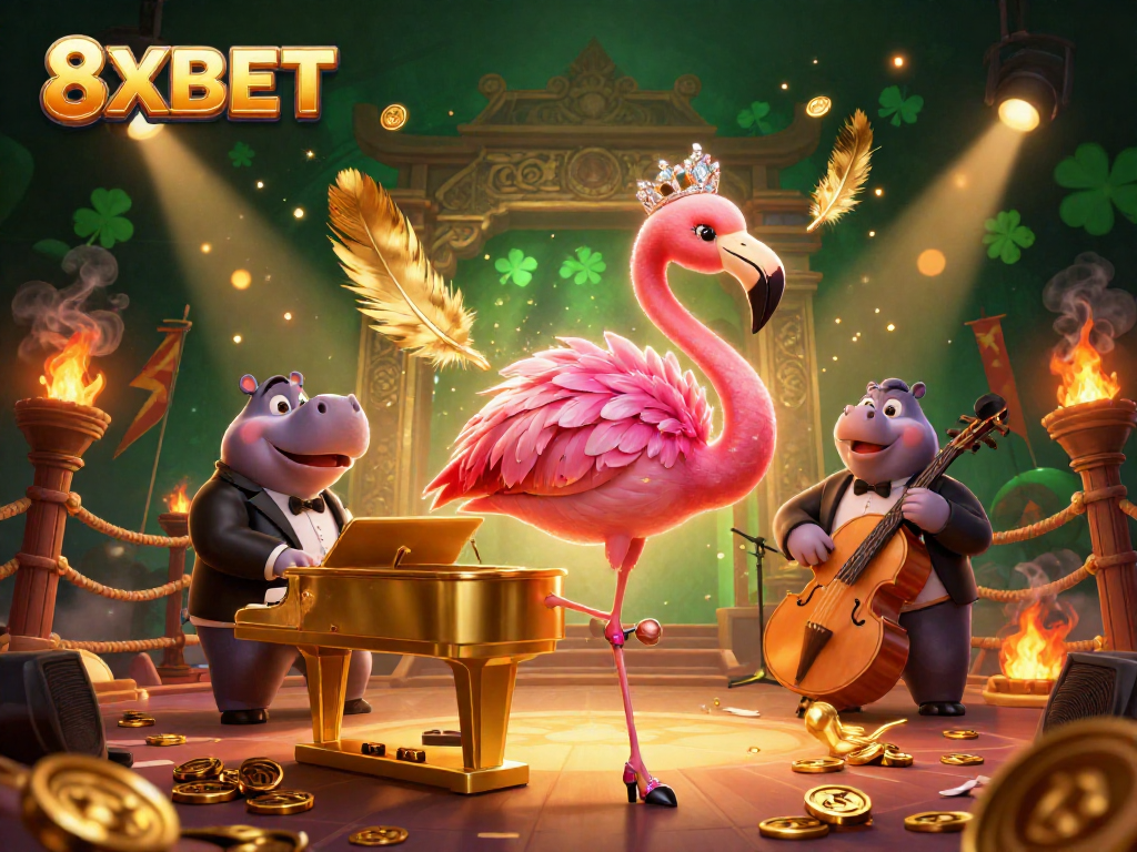 Experience the vibrant 8XBET casino scene featuring dynamic characters and lively gaming elements.