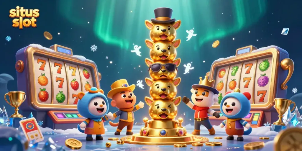 Experience the excitement of situs slot with this dynamic 3D illustration showcasing vibrant symbols and casino items.
