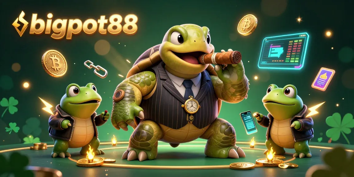 Engage in thrilling competition at bigpot88, showcasing a snapping turtle and bullfrog enforcers in a vibrant casino scene.