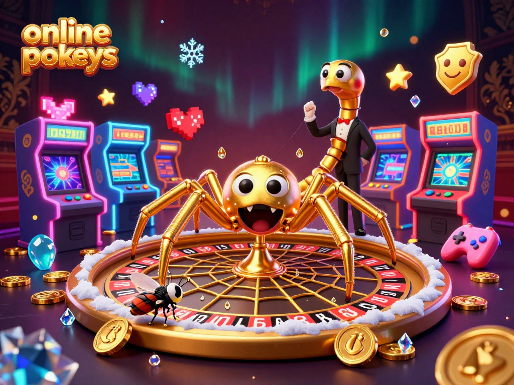 Experience thrilling online pokies gameplay as a golden spider weaves a roulette wheel web in this colorful casino scene.