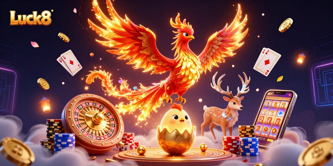Experience exciting wins with Luck8 in this vibrant casino-themed illustration.