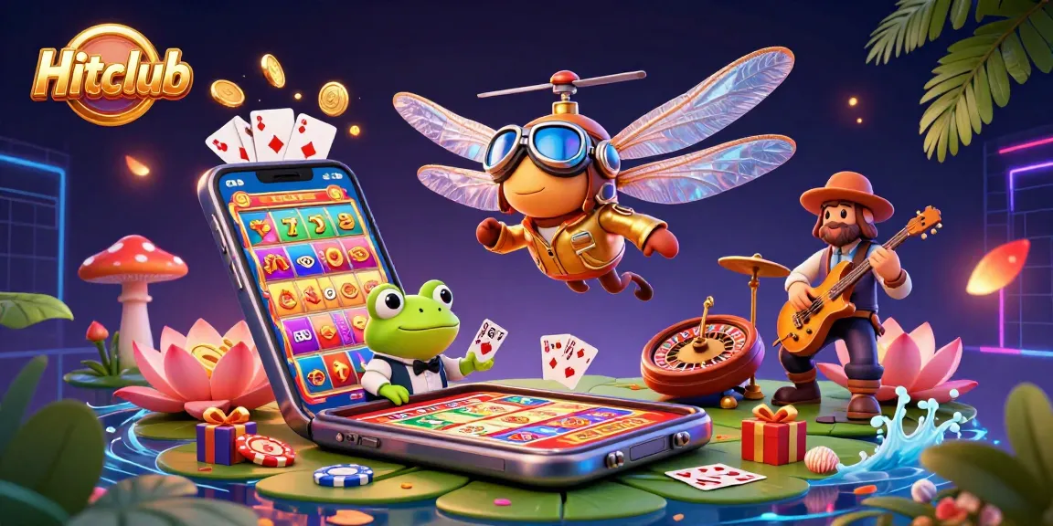 Hitclub engages players with a lively 3D casino illustration featuring vibrant characters and slots excitement.