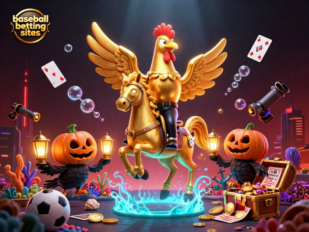 Experience thrilling plays at baseball betting sites with a golden rooster and sports balls in a vivid casino.