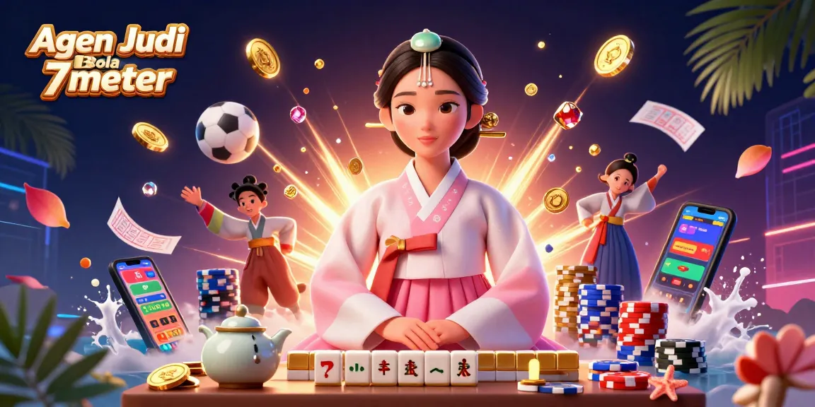 Agen Judi Bola 7meter sports betting scene showcasing betting slips and soccer elements among cascading coins and vibrant visuals