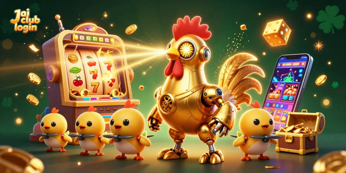 Engage in thrilling gameplay with Jai club login, featuring a vibrant scene of a golden rooster robot amidst casino elements.