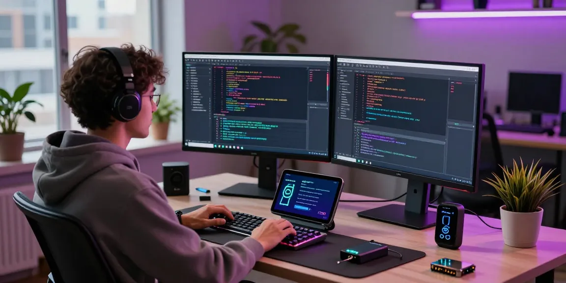 Programmer using an AI code generator in a modern tech workspace with vibrant urban scenery.