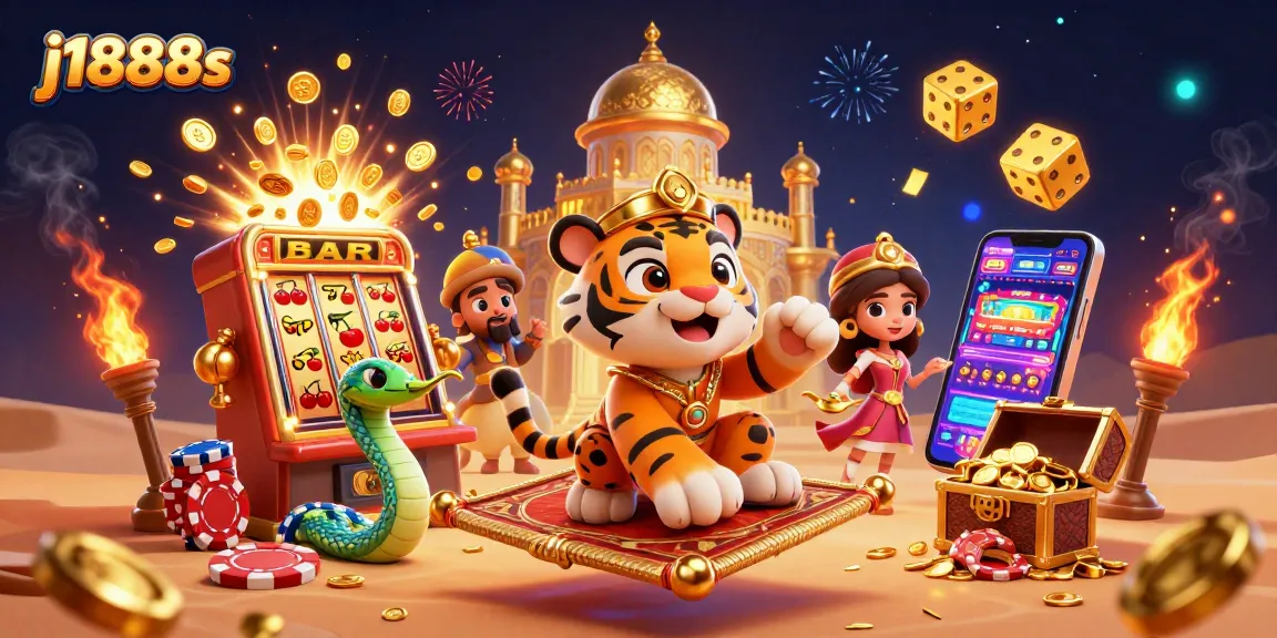 Experience the magic of j1888s with a vibrant casino scene featuring a tiger sultan on a flying carpet.