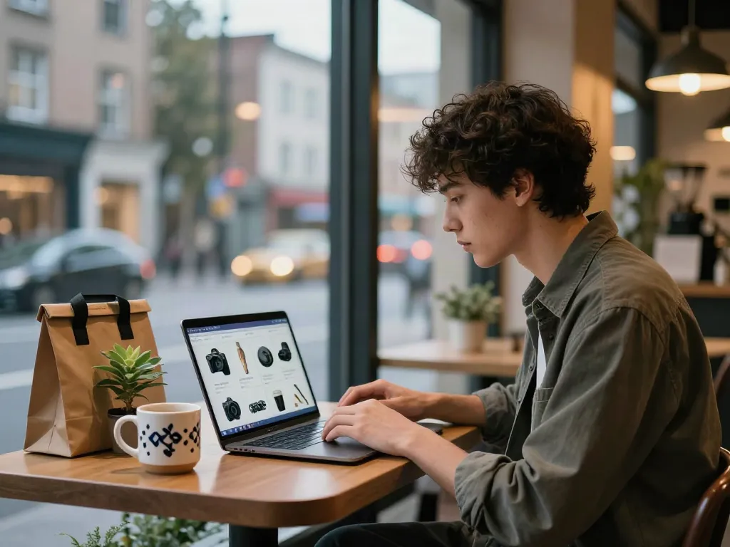 E-commerce shopper engaging with rokok88 products in a trendy urban café.