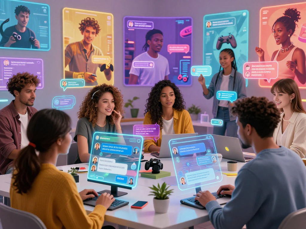 AI sluts engaging in vibrant digital chats with personalized avatars in a futuristic online community.