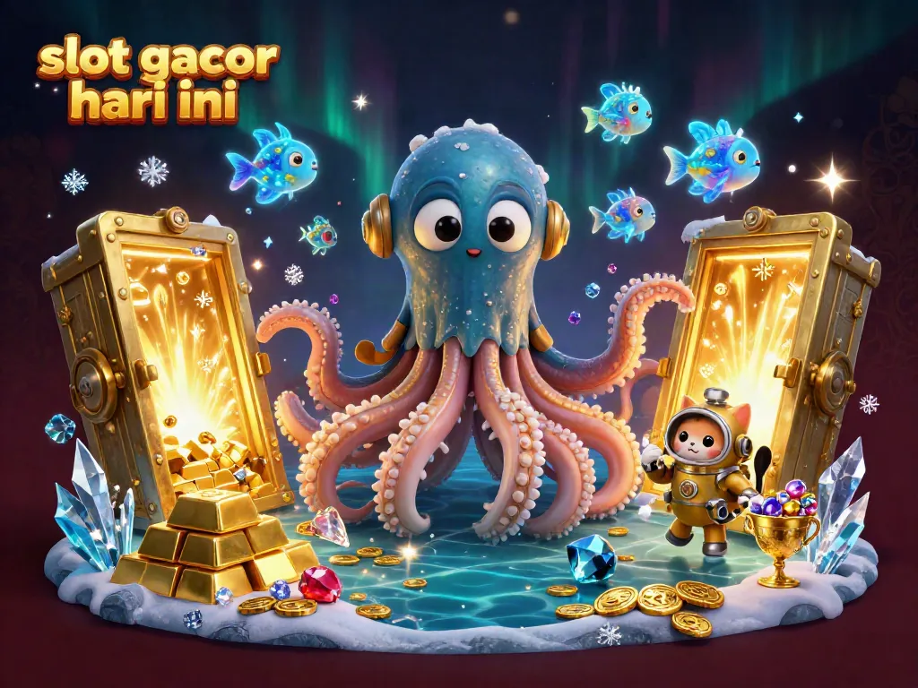 Ilustrasi menarik dari slot gacor hari ini dengan kraken dan kucing penyelam berlatarkan harta karun laut.