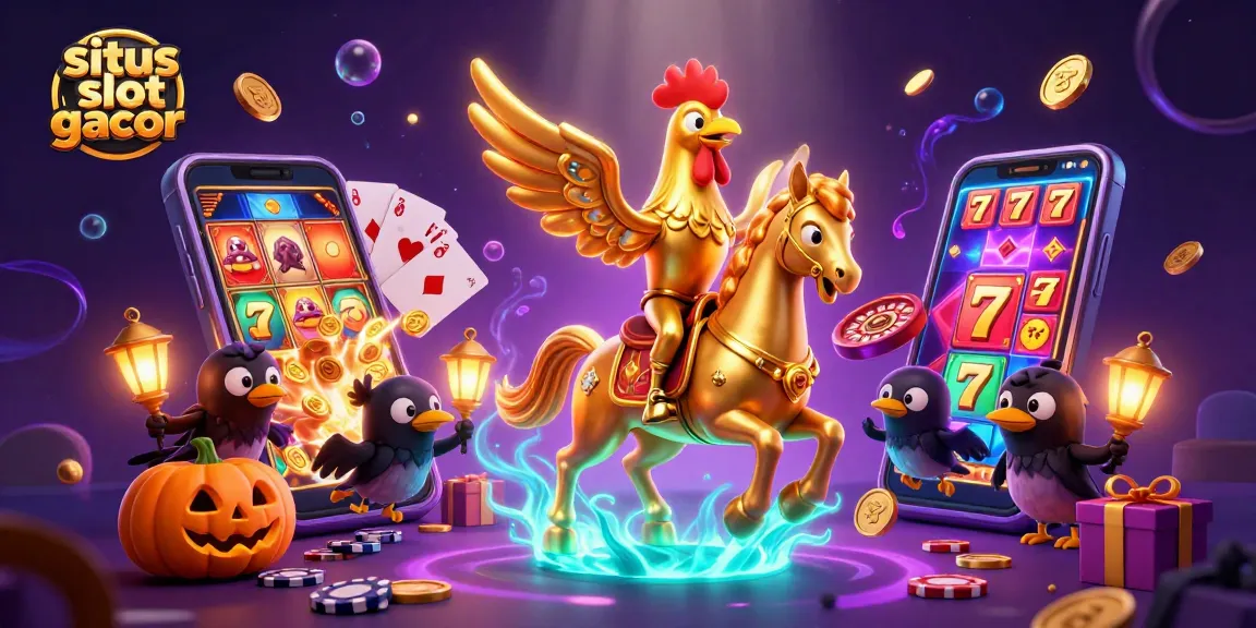 Engage with situs slot gacor featuring a golden rooster and haunted companions in a magical casino scene.