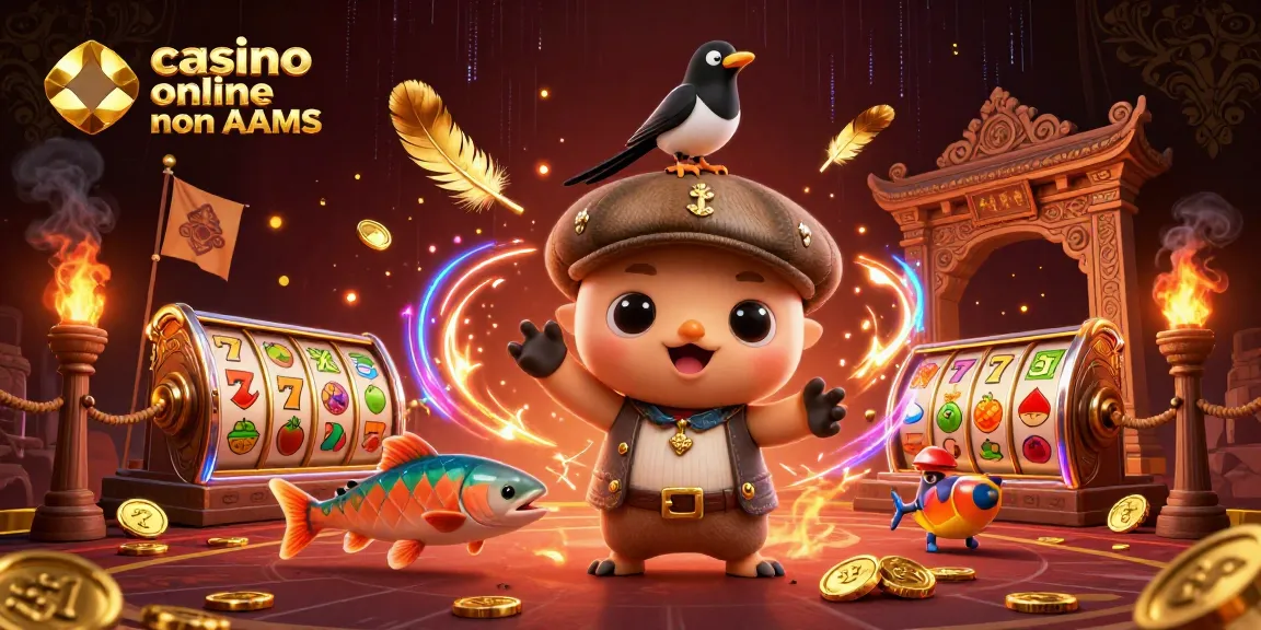 Immergiti nella scena colorata del casino online non AAMS con Nessie, una magpie giocosa, e elementi di gioco vivaci.