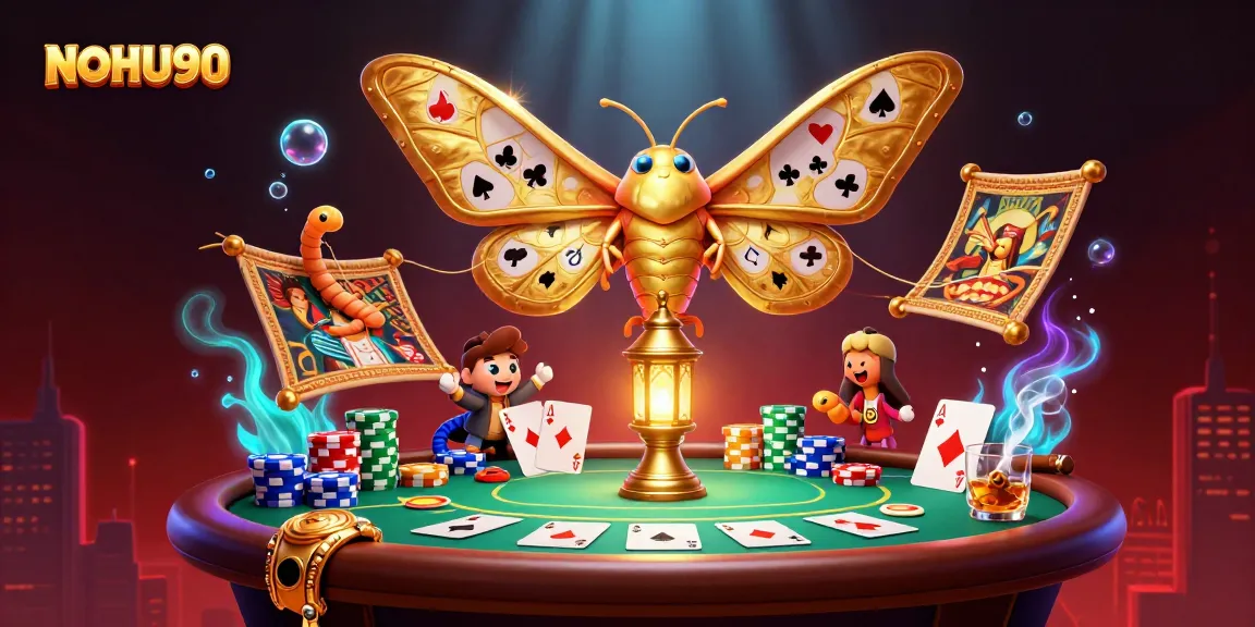Capture the excitement of gaming with NOHU90's vibrant scene filled with poker elements and a majestic atlas moth.