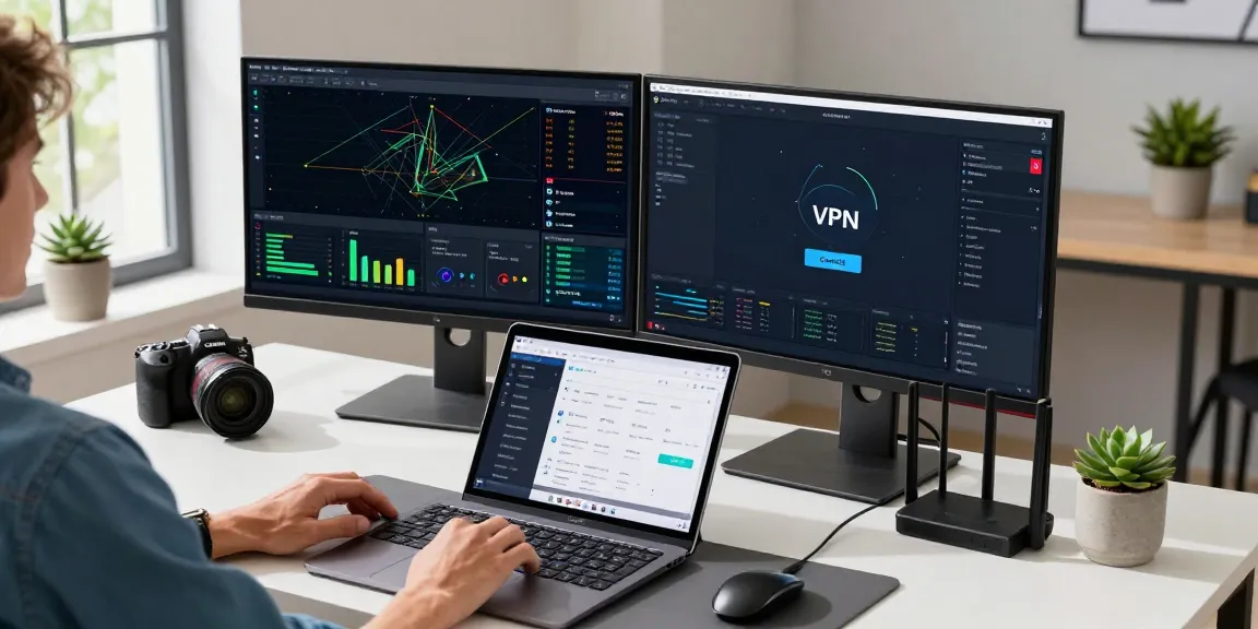 快连 VPN optimization workspace with a developer monitoring network performance analytics and connection graphs in a modern office.