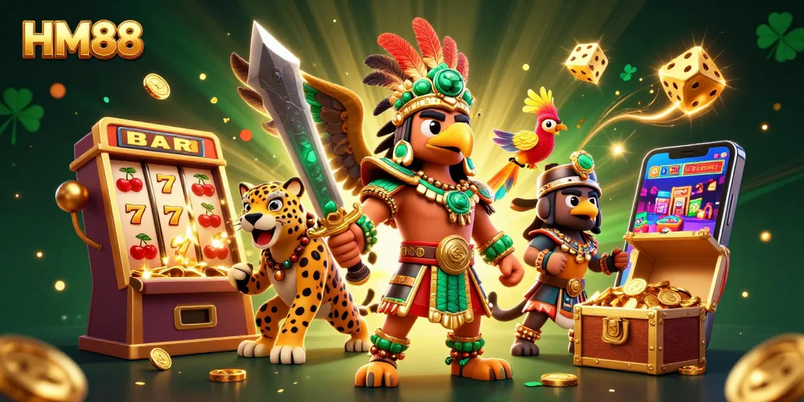 Experience gaming excitement at HM88 with a vibrant Aztec warrior scene surrounding a jackpot slot machine.