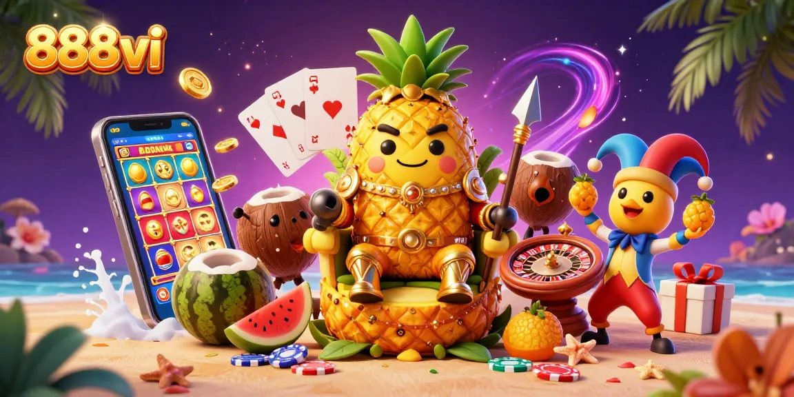 Engage with 888vi's vibrant casino scene showcasing a pineapple king amidst dynamic gaming elements.