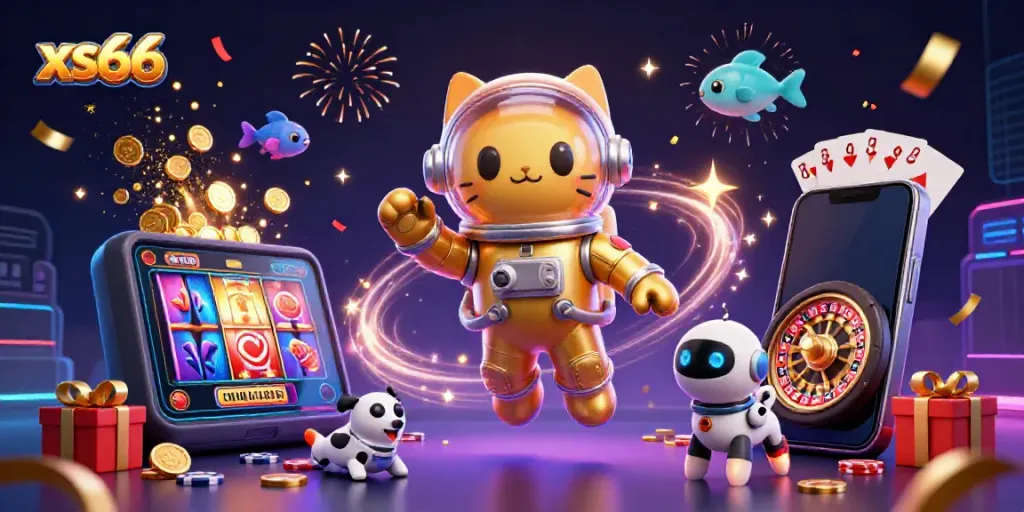 Experience winning thrills at xs66 with a vibrant 3D digital casino scene featuring playful characters and games.