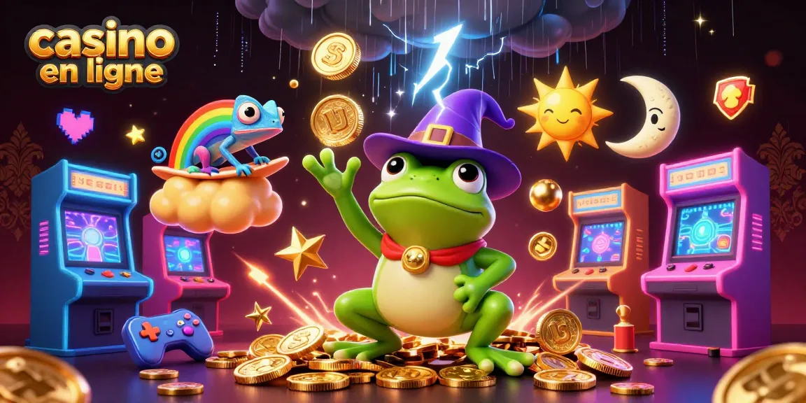 Plongez dans l'univers du casino en ligne avec un mage grenouille et un caméléon surfant parmi des pièces d'or.
