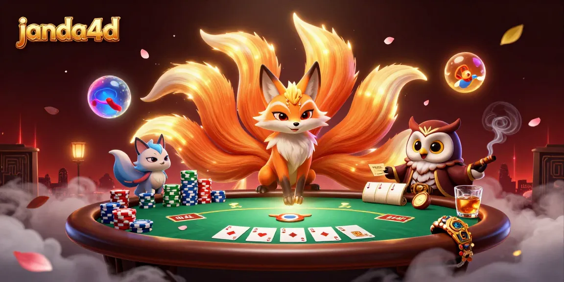 Permainan janda4d yang mendebarkan dengan karakter anime kartun, meja poker, dan suasana kasino yang dinamis.