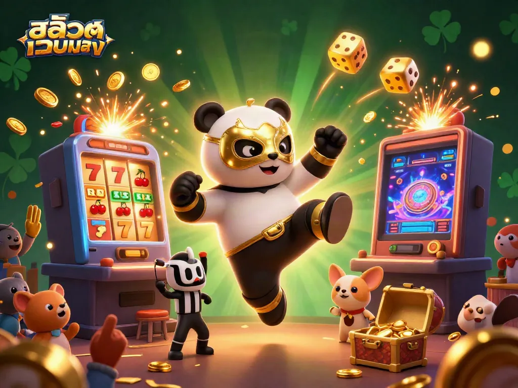 Engage in thrilling gameplay at สล็อตเว็บตรง with 3D panda wrestler and lively casino elements.