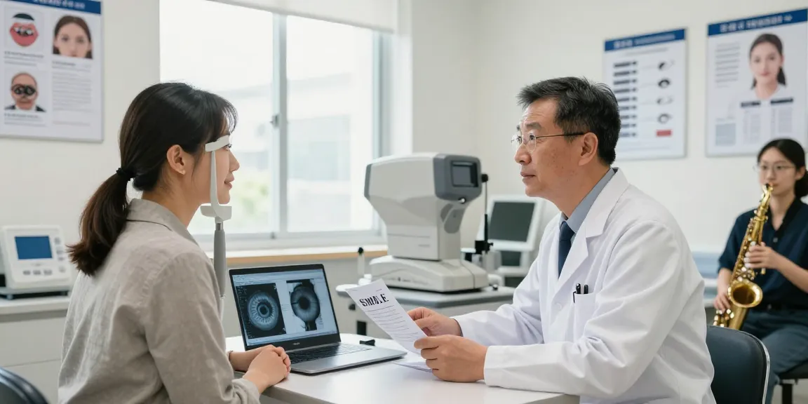 Consultation about SMILE laser eye surgery in modern eye care clinic with patient and ophthalmologist.