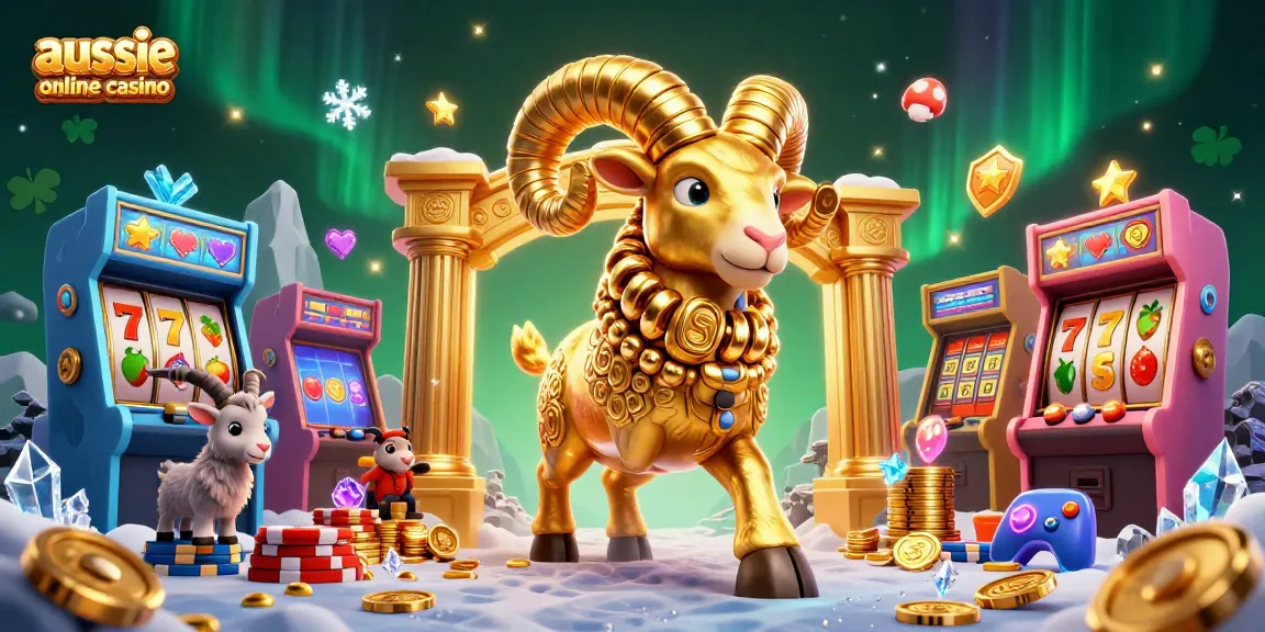 Engage with the vibrant aussie online casino scene featuring a golden ram charging toward fortune with lively gaming elements.