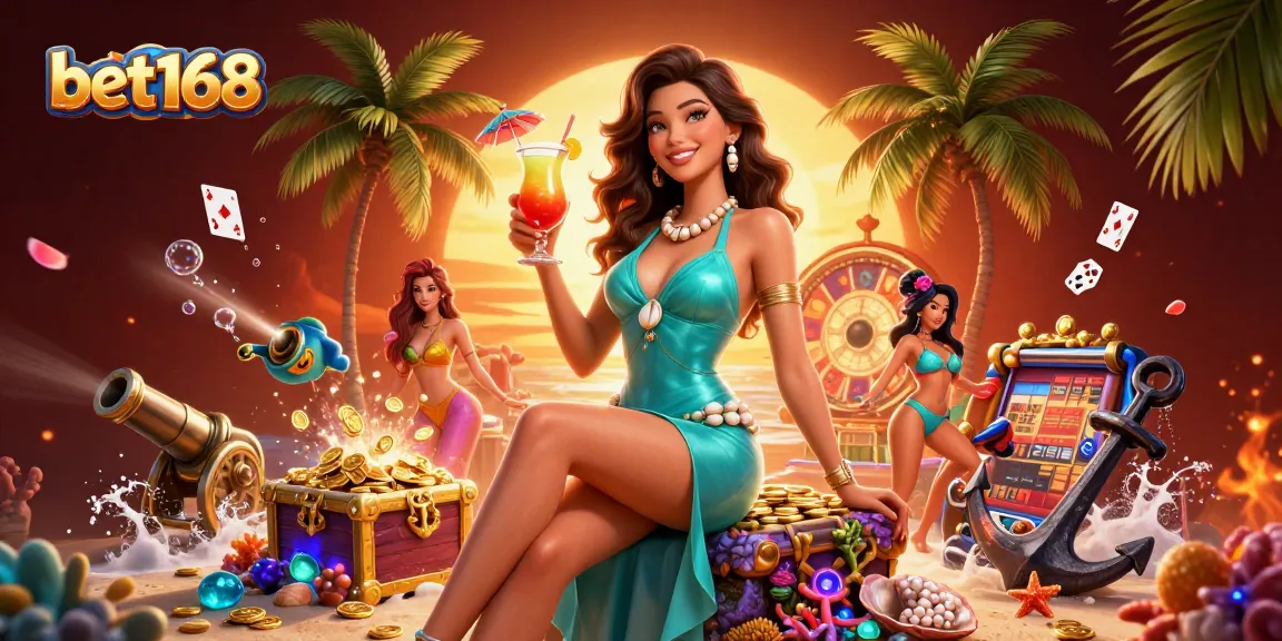 Experience thrilling wins with bet168 at a vibrant beach casino scene featuring glamour and treasure.