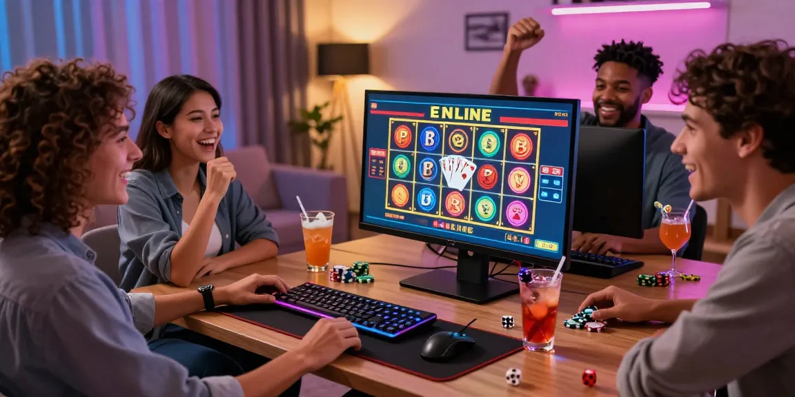 Amis profitant des jeux de casino en ligne sur un ordinateur, ambiance vibrante avec des graphismes colorés et des accessoires de jeu.