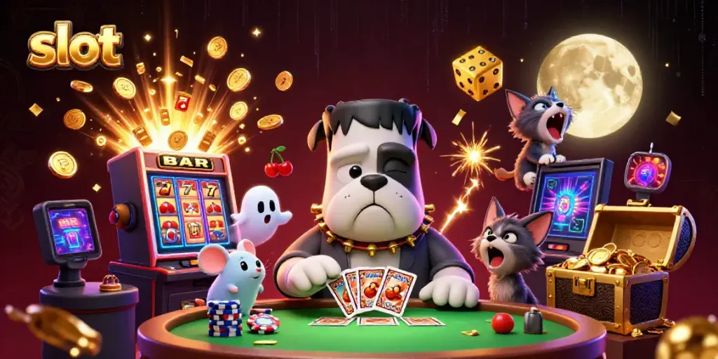 Engage with exciting slot games through fun characters, including a Frankenstein bulldog dealer and a ghost mouse.