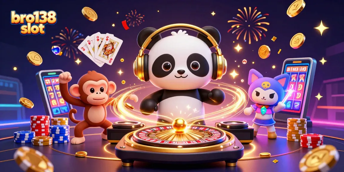 Spin the reels at bro138 slot with vibrant characters celebrating jackpots and coins flying.