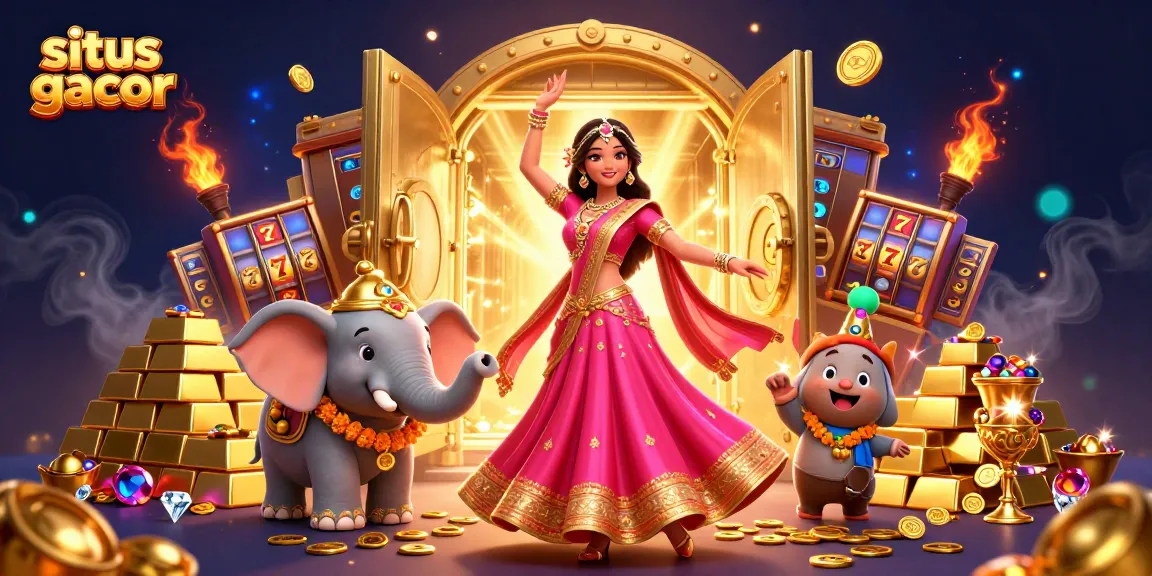 Situs gacor showcasing a glamorous 3D character amidst vibrant slot elements and golden treasures.