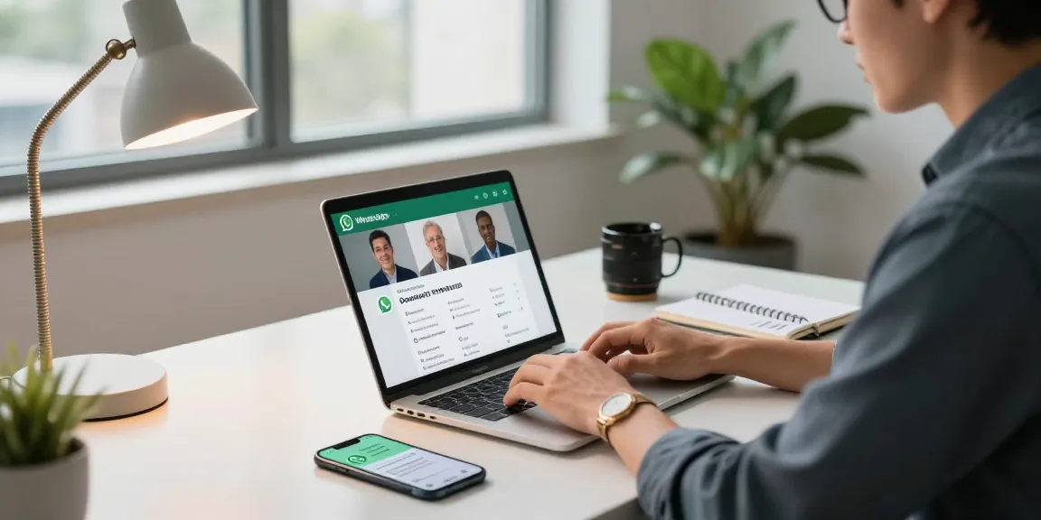 Professional using WhatsApp網頁版 in a modern workspace during a virtual meeting.