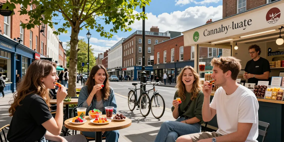 Where Can I Get Top Quality Edibles In Dublin? Friends enjoying colorful THC-infused gummies in a vibrant Dublin café setting.