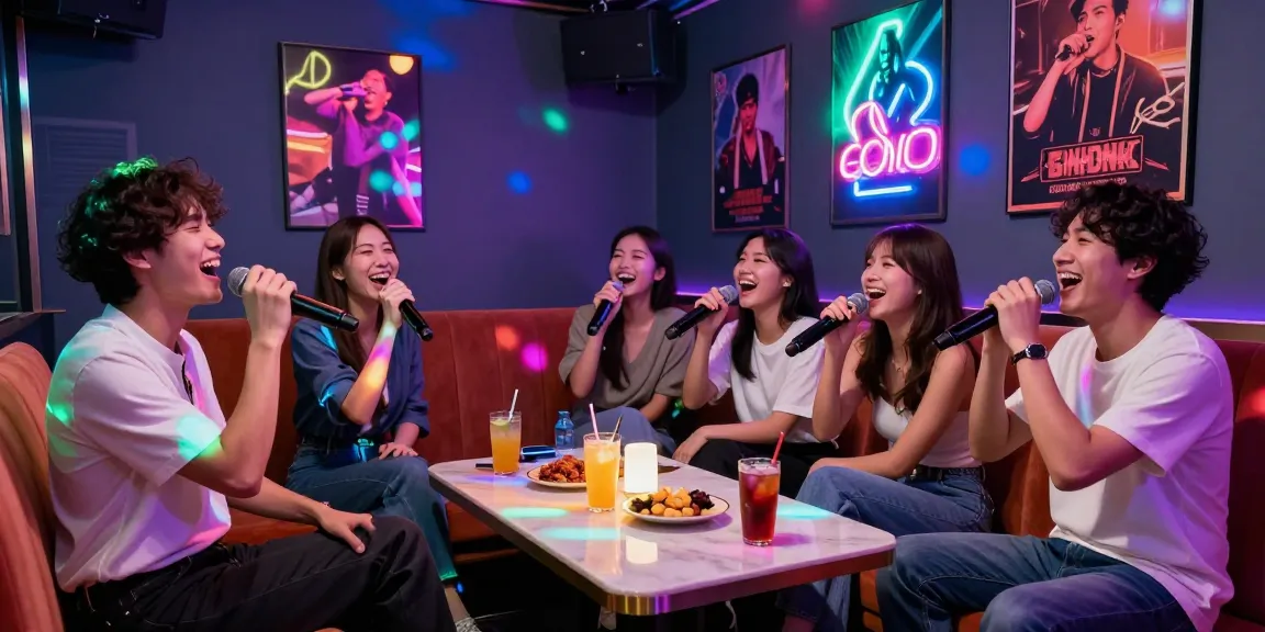 Karaoke party at a Gangnam venue with friends singing, showcasing vibrant atmosphere and lively decor.
