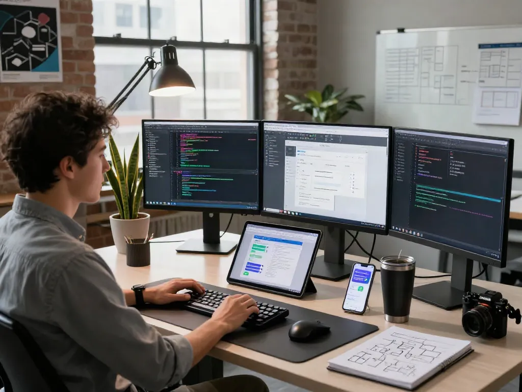 Pengembang bekerja dengan PGserver di ruang kerja modern, menampilkan kode dan dokumentasi teknis.