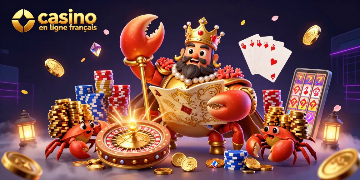 Découvrez les trésors des jeux sur casino en ligne français avec un empereur crabe doré entouré de jetons et de pièces.