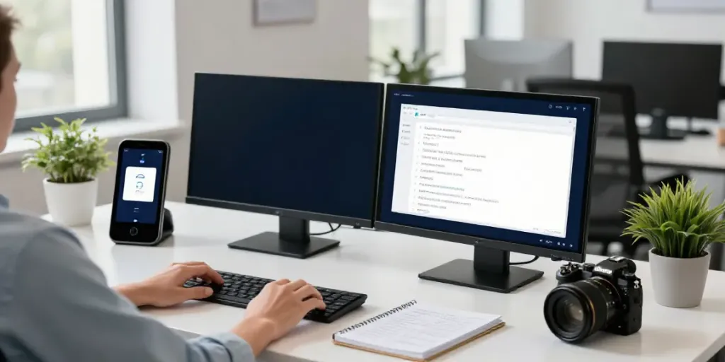 AI speech to text converter in a modern office setting with dual monitors, notebooks, and natural light.