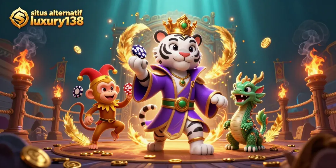 Engage with situs alternatif luxury138's vibrant casino scene featuring a tiger, monkey, and dragon amidst dynamic gaming elements.