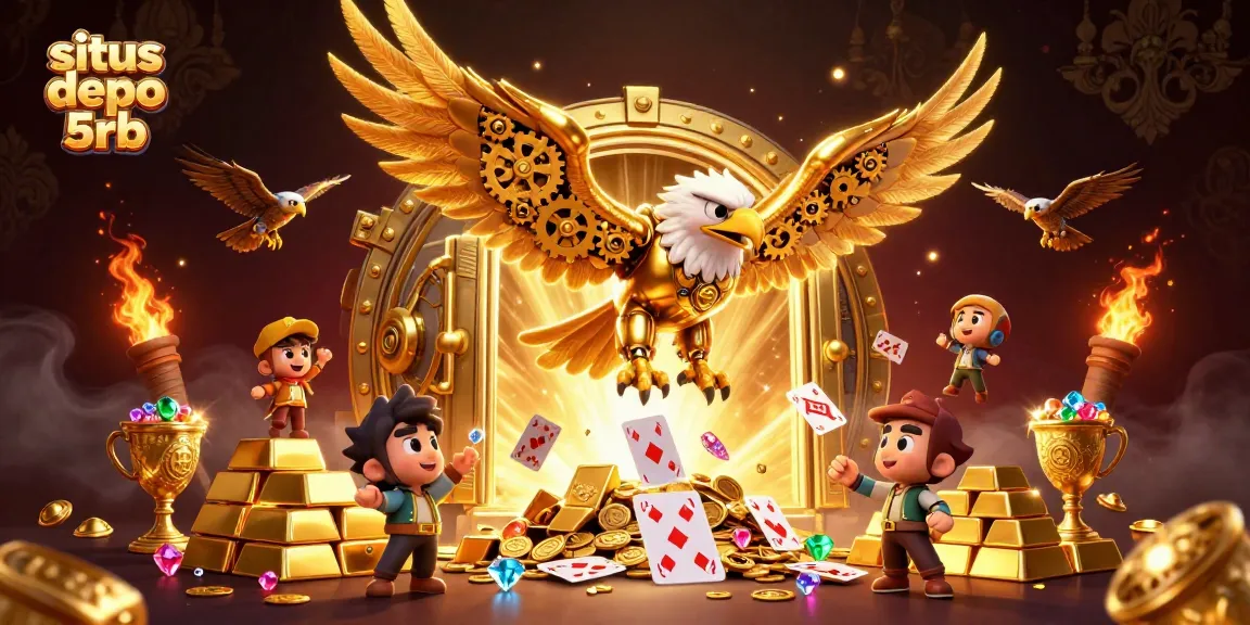 Experience the thrill of situs depo 5rb with a cybernetic eagle soaring through a treasure-filled casino.