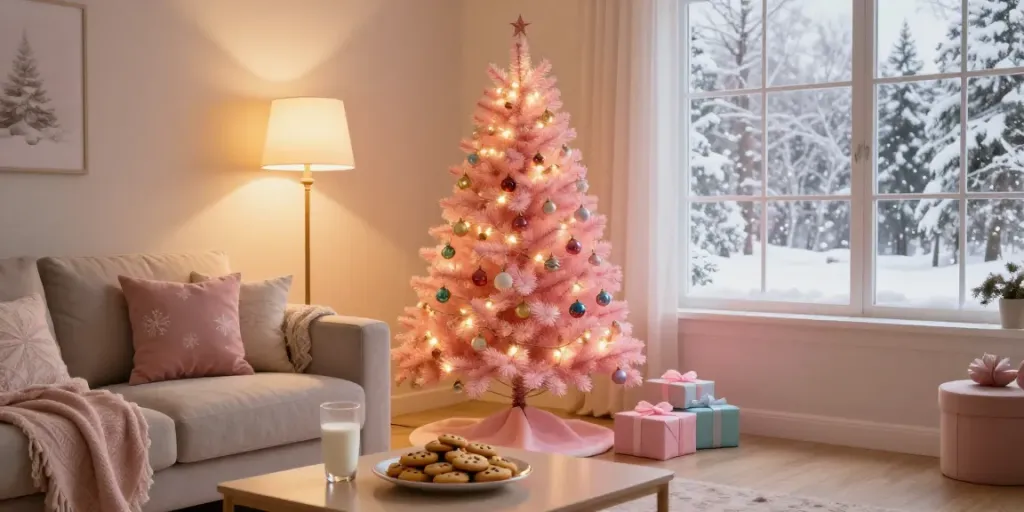 Cozy living room featuring a small pink Christmas tree decorated with lights and ornaments, surrounded by holiday cheer.