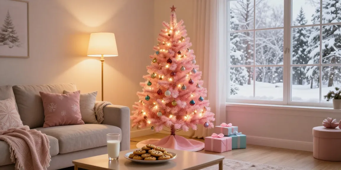 Cozy living room featuring a small pink Christmas tree decorated with lights and ornaments, surrounded by holiday cheer.