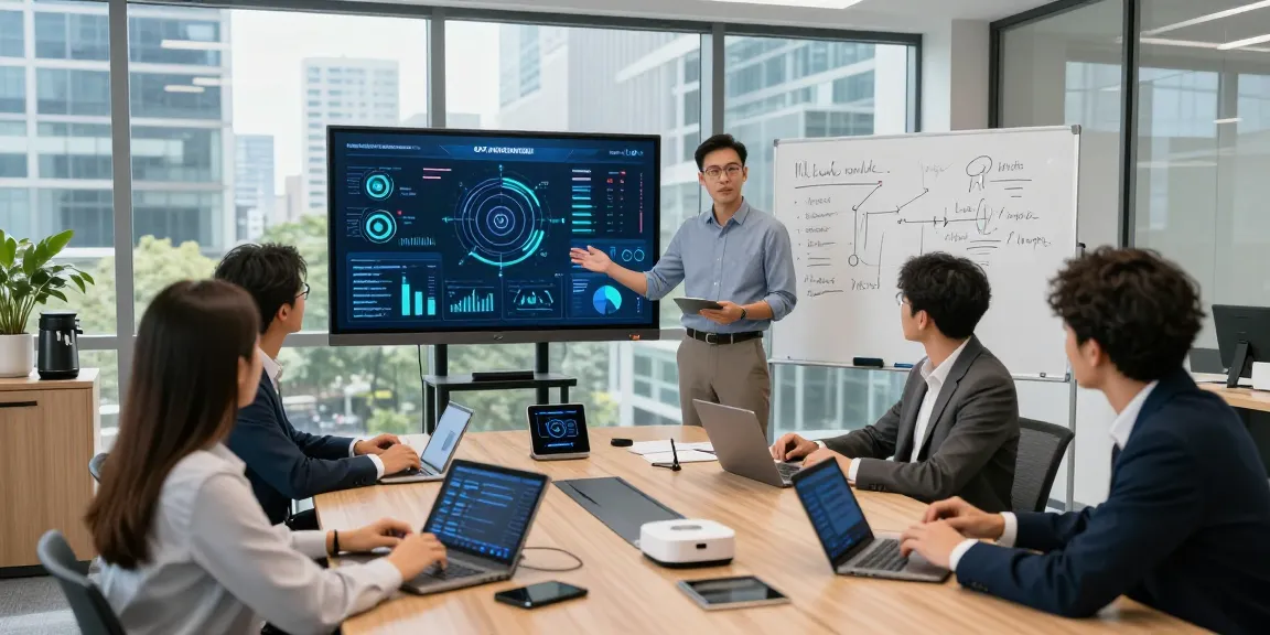 Use of IoT in business demonstrated through a team collaborating in a modern office space, showcasing smart devices and data analytics.