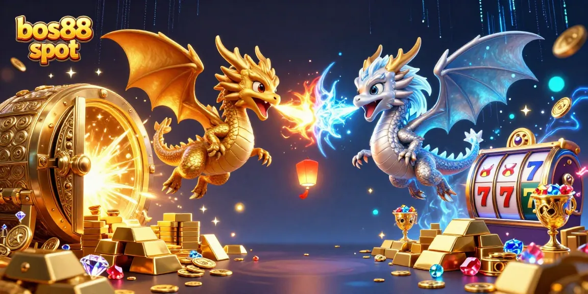 Experience thrilling bos88 slot adventures with vibrant dragons and treasures galore in this dynamic illustration.