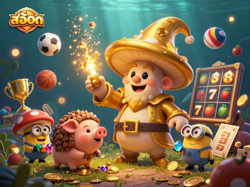 Play exciting สล็อต games with a golden mushroom wizard and treasure-finding pig in this thrilling scene.