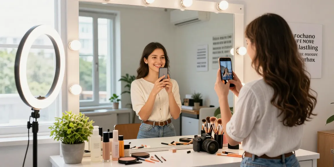 Youthful individual taking an attractive test selfie in a bright beauty studio.