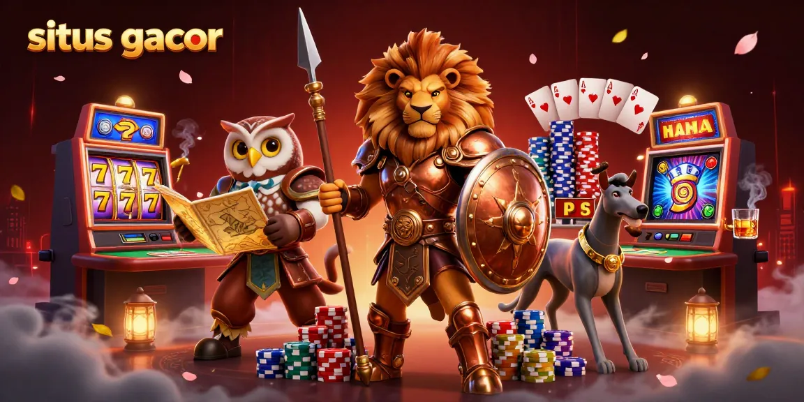 Engage with situs gacor as the Spartan lion battles alongside an owl strategist and greyhound against vibrant slot machines.