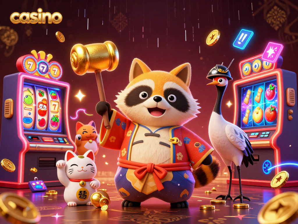 Experience lively casino action with a cheerful tanuki amidst colorful slot machines and lucky icons.