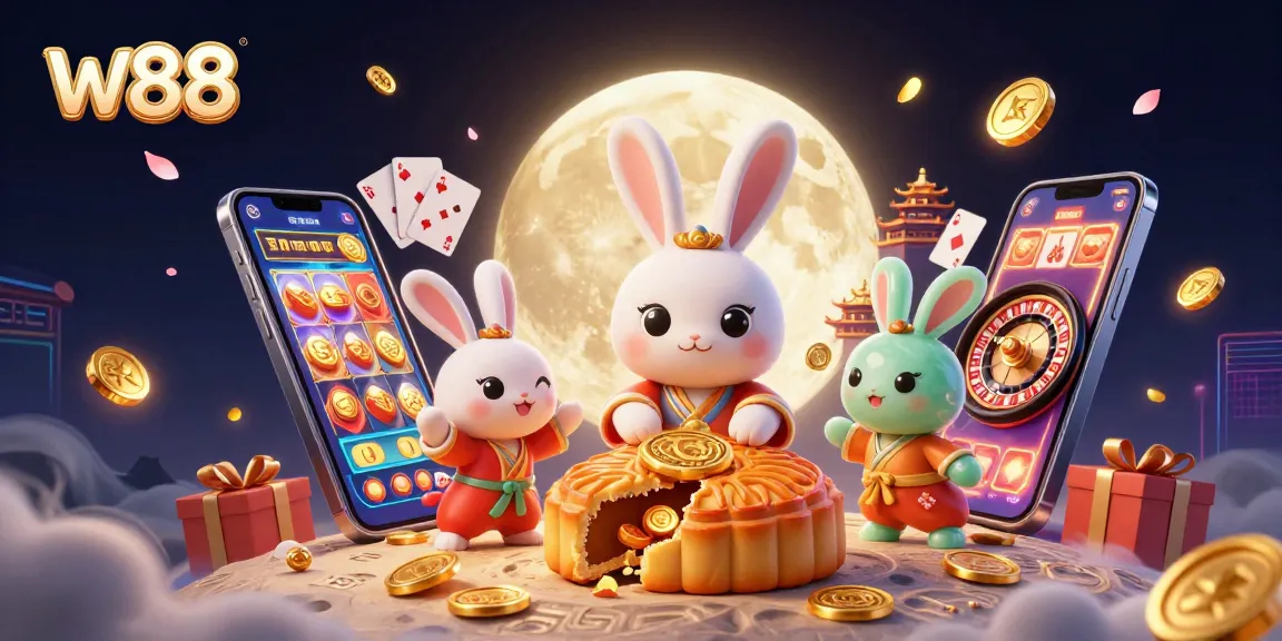 Cá cược tại w88 với hình ảnh thỏ trăng và các trò chơi casino đầy màu sắc, sinh động.