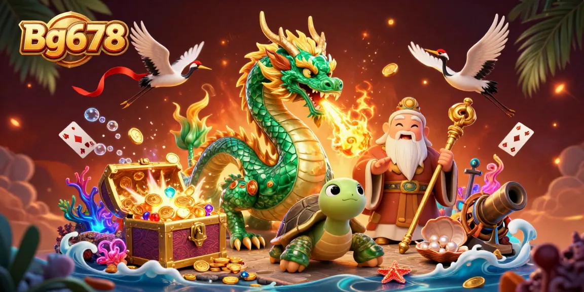 Engage with Bg678's thrilling gaming world featuring a dragon, turtle sage, and lucky cranes.