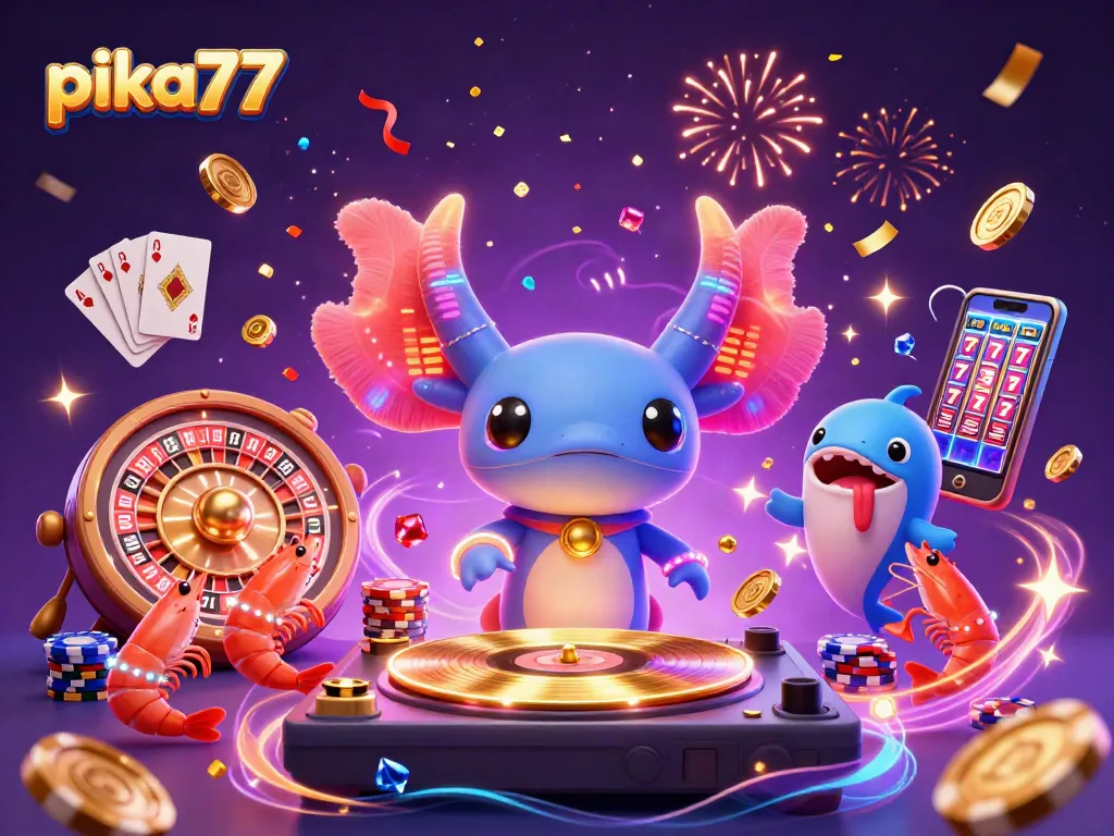 Engage in thrilling gameplay with pika77, showcasing a neon-themed online casino experience filled with lively characters and vibrant elements.